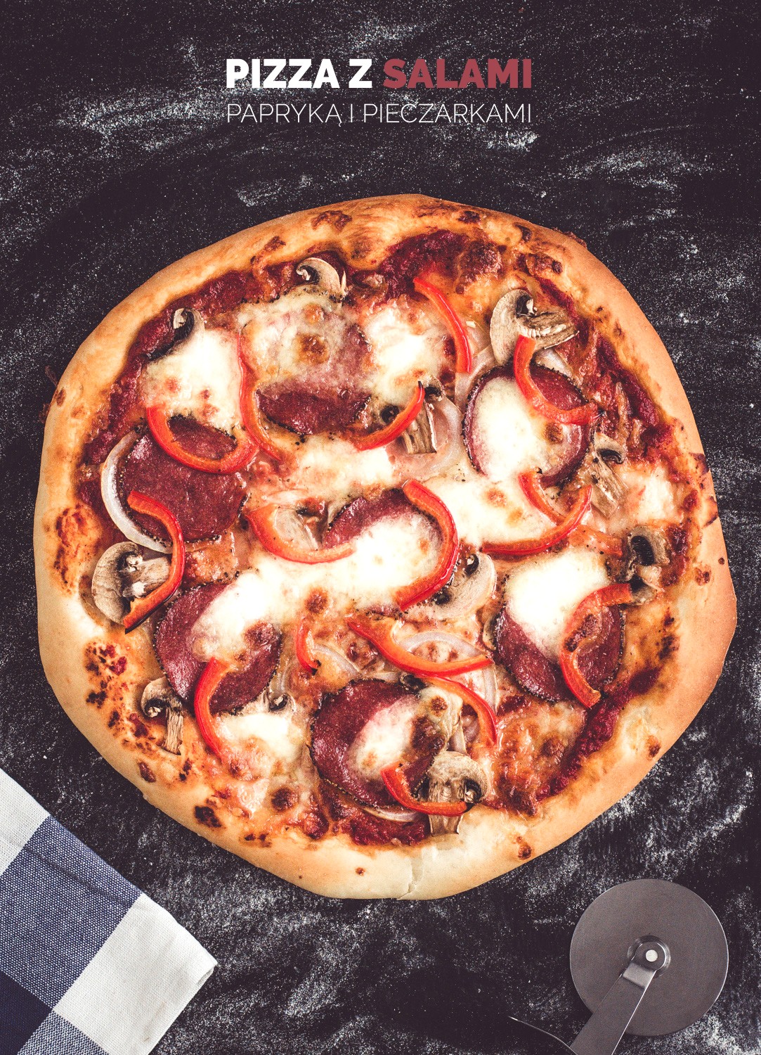 Pizza z salami, papryką i pieczarkami
